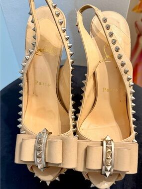 Christian Louboutin Nude Bow Slingback Heels with Silver Studs